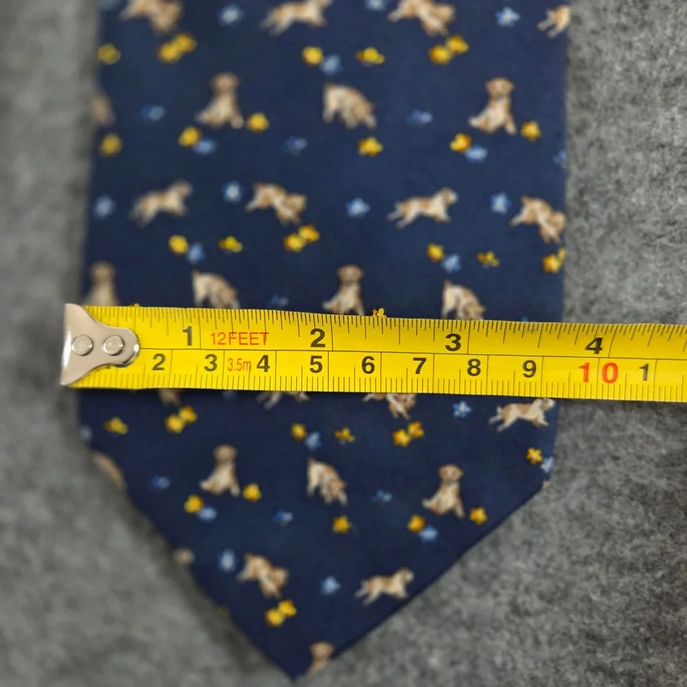 Salvatore Ferragamo Mens Silk Tie Navy Puppy Dog Floral Animal Print Italy